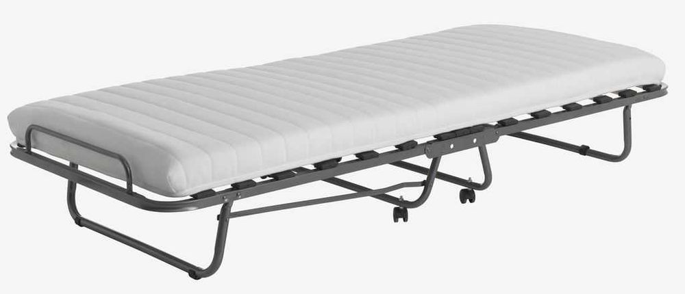 Oțel. Saltea de 9 cm din spumă cu memorie ce înlătură tensiunea musculară și spumă poliuretanică. Cu somieră de lemn. Pliabil. 80x200x36 cm