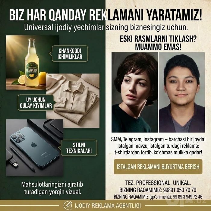 Sizning biznesingiz va g'oyalaringiz uchun barcha turdagi professional