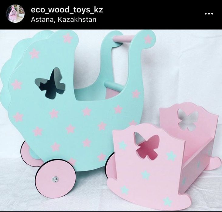 Деревянные игрушки (коляски, кроватки/люльки, домик) для кукол
