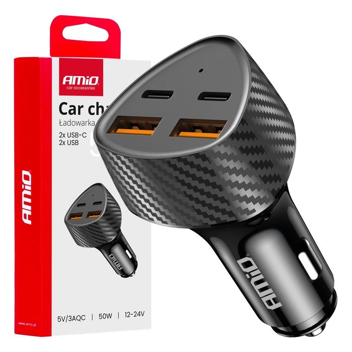 зарядно за кола 50w 2x usb-a + 2x usb-c amio-04284