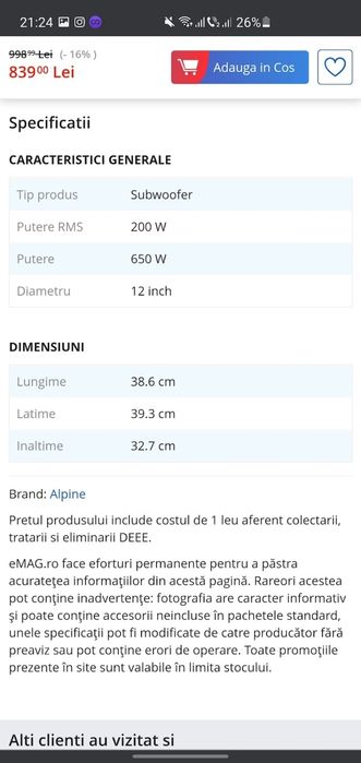 Subwoofer alpine nou nefolosit