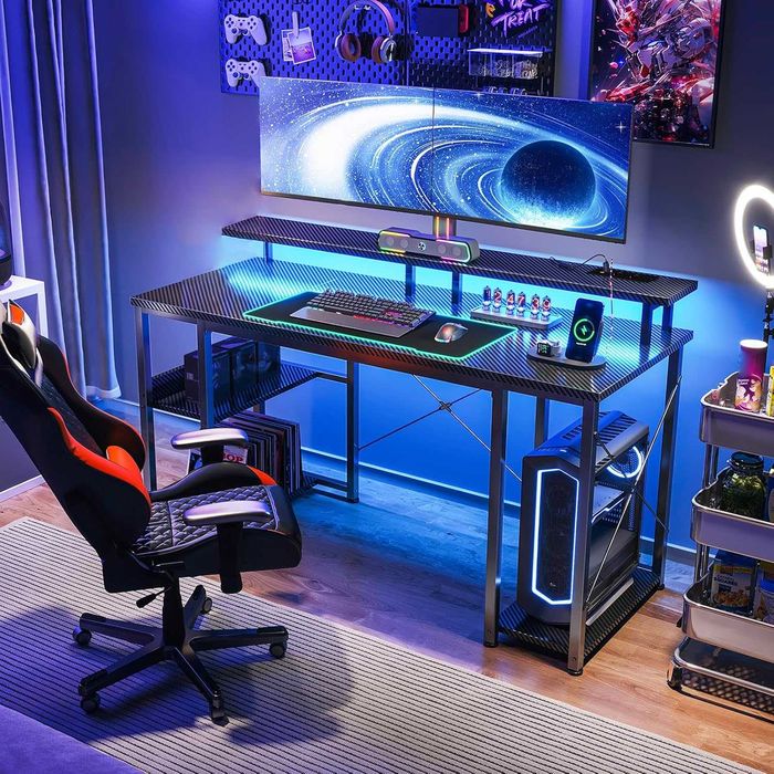 Birou Gaming Coleshome 120x50 cm, LED, prize + USB, suport monitor, Negru