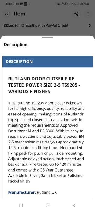 Amortizor usa Rutland TS 9205 120 min rezistență la foc
