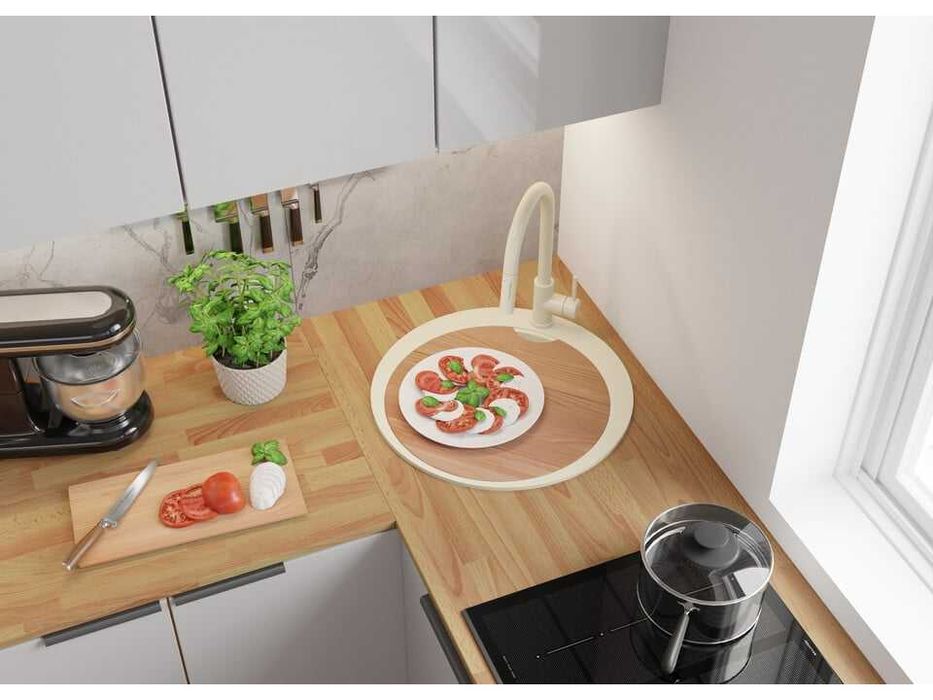 Бежава кръгла кухненска гранитна мивка Пиза 50 Top 530 x 530 мм