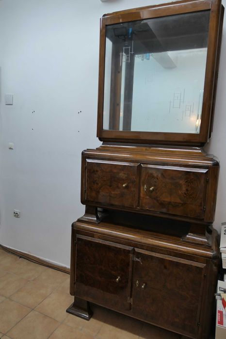 Mobila Veche Lemn Art Deco Bufet Comoda Vitrina Oglinda Bronz