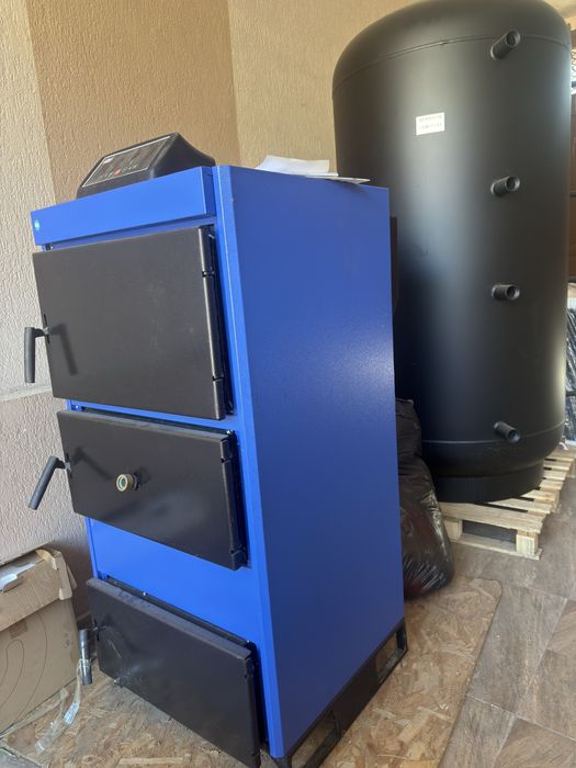 Pachet complet încălzire nou (2024): Centrală pe lemne Ünmak 52kW + Puffer cu izolație + Vas expansiune 150L