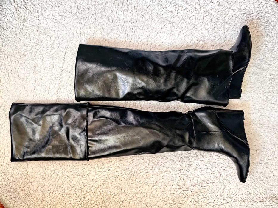 Cizme dublate inalte dama negre piele eco toc platforma peste genunchi