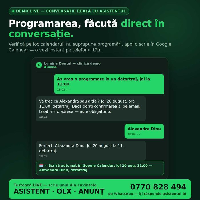 Asistent AI WhatsApp automatizari pentru afacerea ta răspunde și programează automat clienții. Testează LIVE pe numărul meu scrie asistent, OLX, anunț