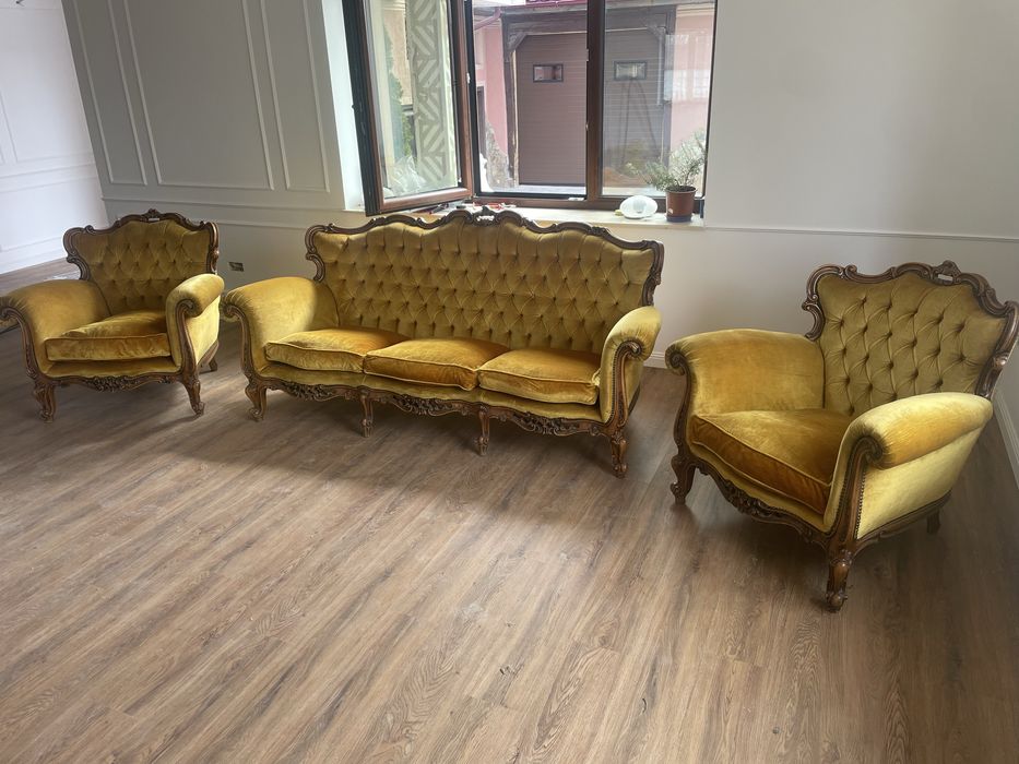 Vand set canapea cu doua fotolii stil baroc din lemn masiv sculptat