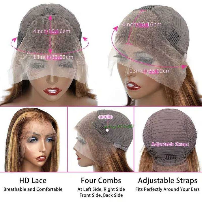 80 см блясък Кестенява синтетична перука с руси кичури и дантела 13×4