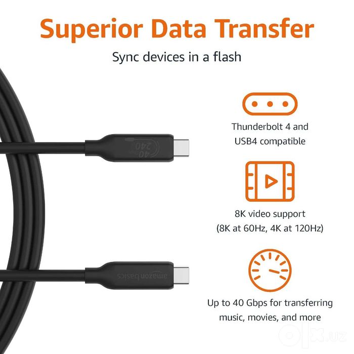 Кабель Amazon Basics USB-C to USB-C 4 Thunderbolt 4 240W 40Gbps 0.9м