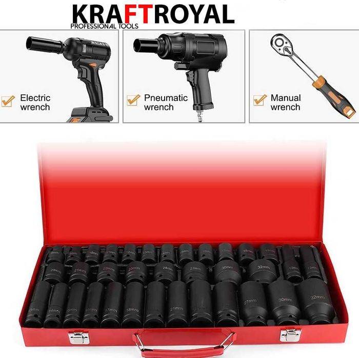 Комплект Ударни Вложки KraftRoyal 1/2″ 35части от 8 до 32 мм.