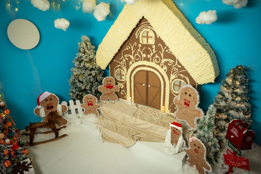 Casuta de turta dulce cu podium 6 omuleți 6 brazi