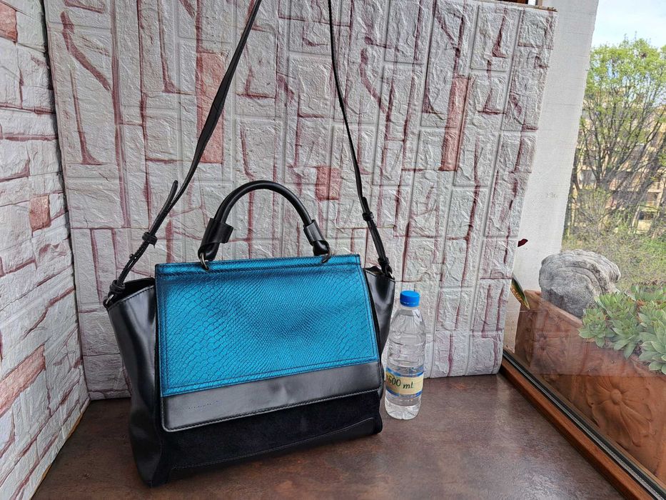 дамска чанта,черна кожена торба-естествена кожа и велур