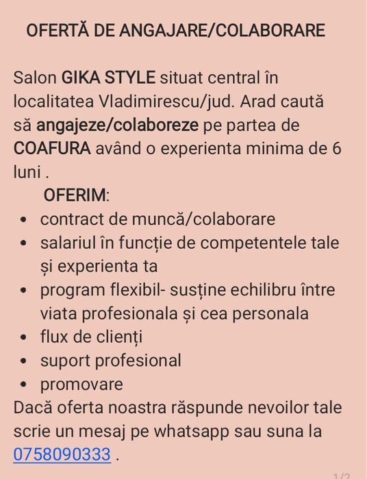 Angajare/colaborare salon beauty
