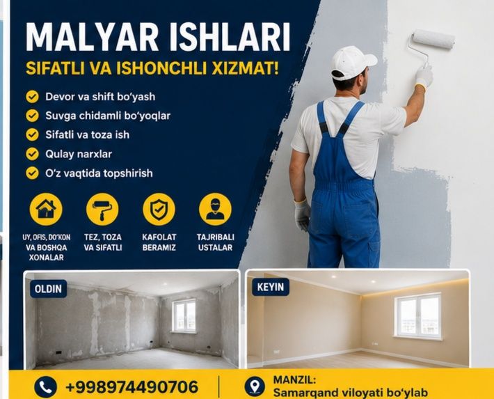 Malyar usta bor Gipsokarton laminat ustalar bor arzon narxda va sifat!
