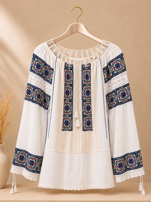 Ie românească autentică – broderie manuală albastru, verde și roz