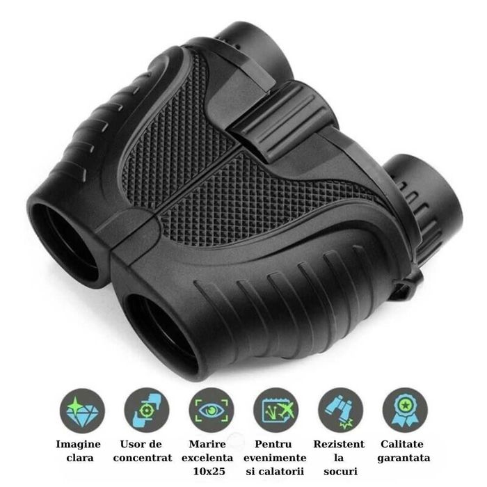 Binoclu 10x25 pentru adulti si copii, Zoom optic 10x, Negru