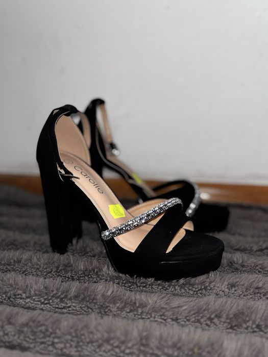 Sandale negre elegante cu toc gros-NOI, nepurtate