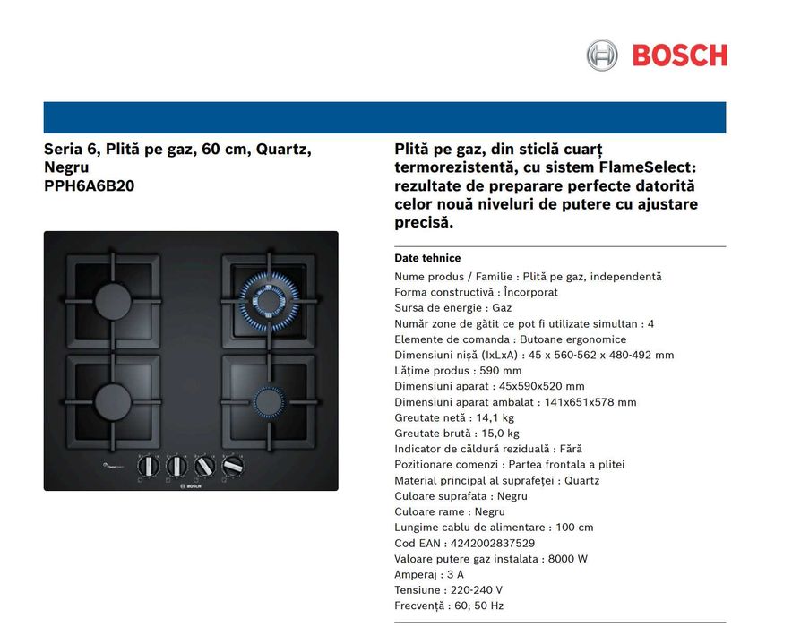 Plita incorporabila Bosch, Gaz, 4 arzatoare,Gratare fonta, 60 cm