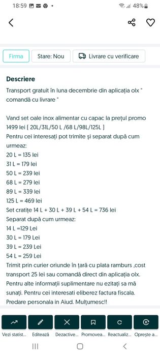 Set cratițe inox alimentar 14/30/39/54 litri Ofertă 688lei