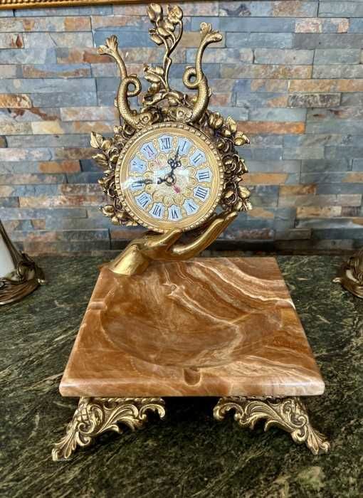 Superba piesa decor-scrumiera marmura-ceas armonios decorat-bronz-alama dore-Italia