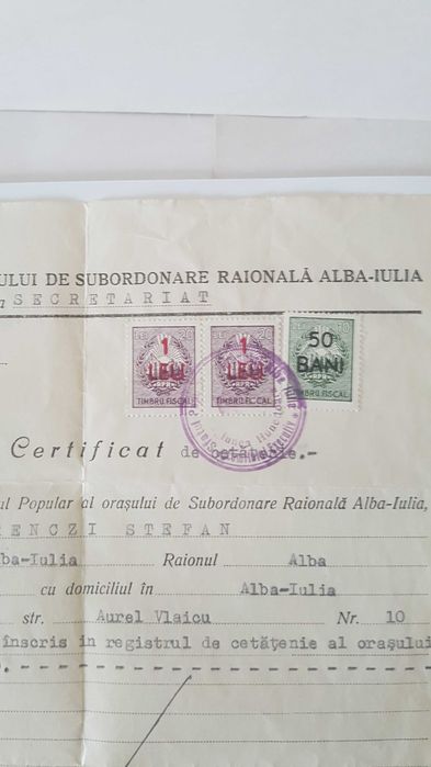 3 Timbre fiscale Republica Populara Romana (RPR) supratiparite , pe Certificat de cetatenie 1952- pentru colectionari