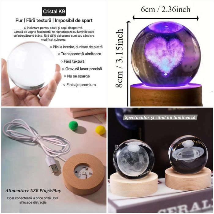 Lampă USB Glob cristal K9. Gravat laser. Lumină caldă. Diferite modele
