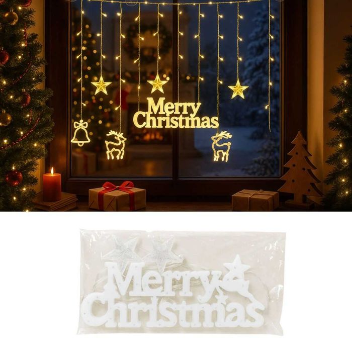 Коледни лампички лед завеса с поздрав MERRY CHRISTMAS топла светлина
