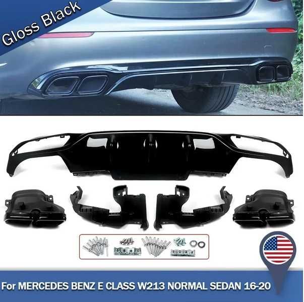 Difuzor Bara Spate AMG cu Ornamente Evacuare Mercedes E-Class W213 (2016-2020) Versiune Standard, Design negru, Inox, Best Quality