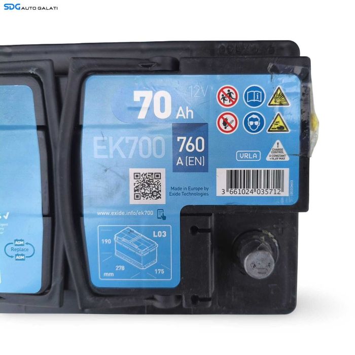 Baterie Acumulator Auto 70AH 760A Start Stop AGM EXIDE EK700 Volkswagen Audi Seat Skoda Ford Opel Toyota BMW Mercedes Renault Peugeot Dacia [LS1352]