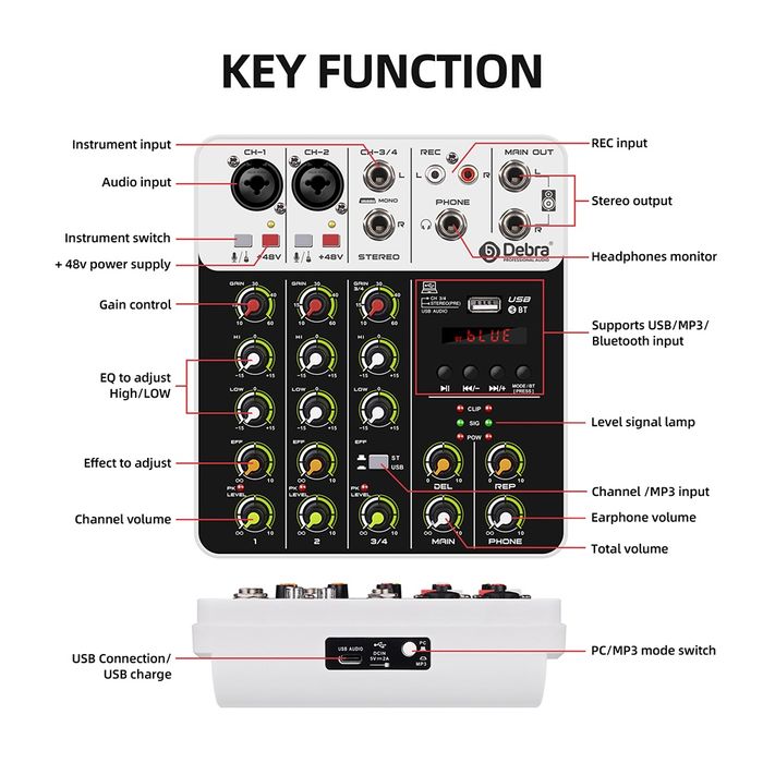 Смесителен пулт Debra V4, DJ Mixer, Bluetooth, Usb Play, Plug and Play