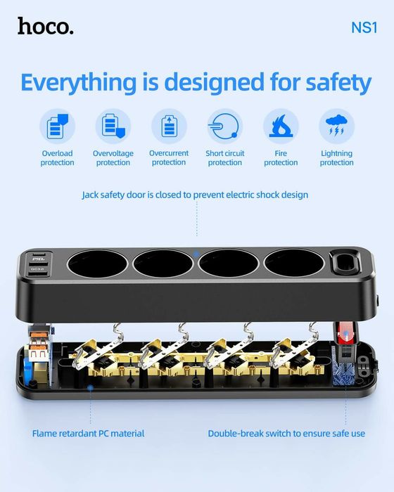 Hoco NS1 Сетевой фильтр PD 20W+QC 3.0 Type-C / USB Output 2+18W