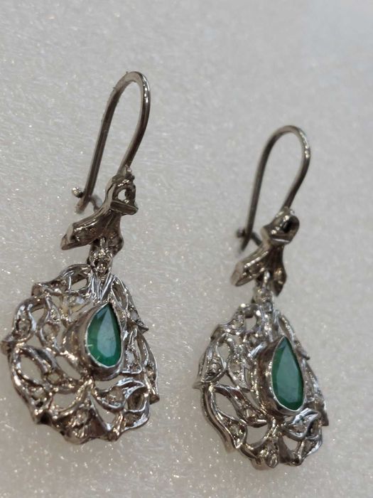 Стари дамски златни обеци с изумруд и диаманти;злато, златен ,златна