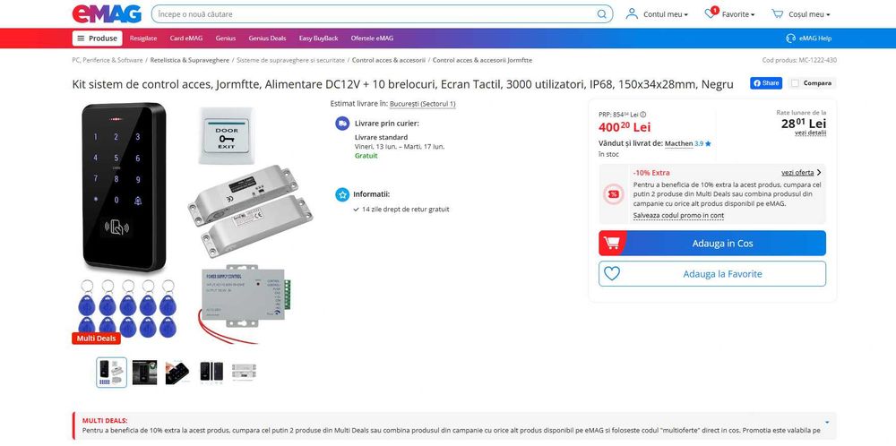 REDUS de la 400RON, Kit sistem Control acces Digital, DC12V, RFID , TouchPad cititor card magnetic si cartele + buton + modul + yala elctromagnetica