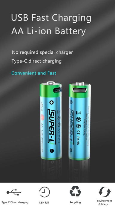 2 штук АА Li-ion батарейки 1.5V 2500 mWh USB с USB кабель (Super-L)