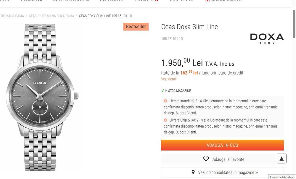 Ceas Dama Doxa Slim Line, Nou, Cadoul Ideal pentru iubita/sotie