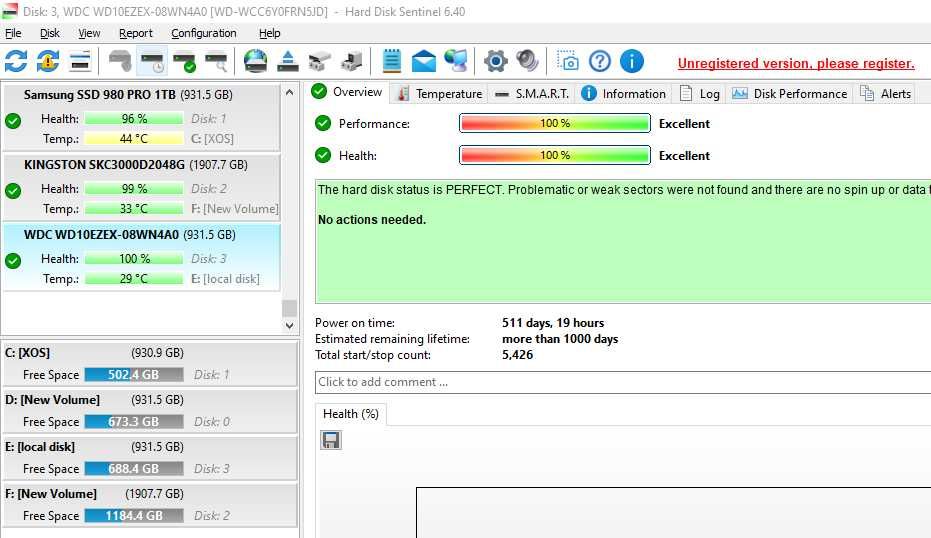 HDD 1TB WD Blue – 100% Health – Testat Hard Disk Sentinel