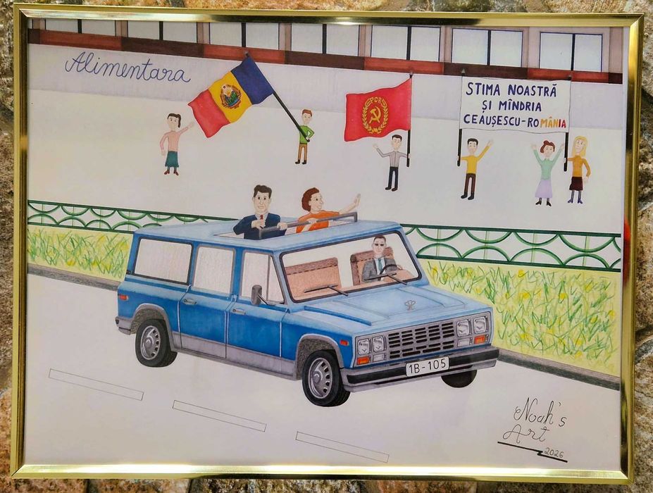 desen nostalgic Epoca de Aur - cuplul Ceausescu in Aro 306 - inramat, ideal pentru cadou