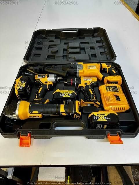 DeWALT 18V XR 4-в-1 комплект с 3 батерии 5Ah, зарядно и куфари. Професионални машини, подходящи за строителство и ремонт.
