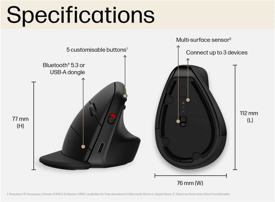 Нова безжична мишка HP 925 Ergonomic Vertical Mouse / Bluetooth / Multi-Device