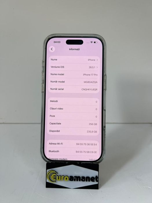 Telefon mobil Apple iPhone 17 Pro, 256GB, 5G, Silver,100% bat. -P-