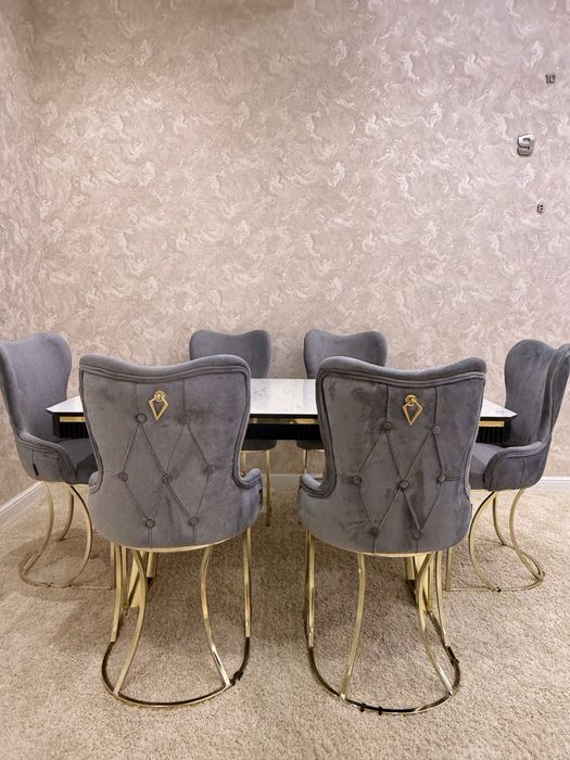 Обеденный стол + 6 стульев | мрамор | велюр | премиум
