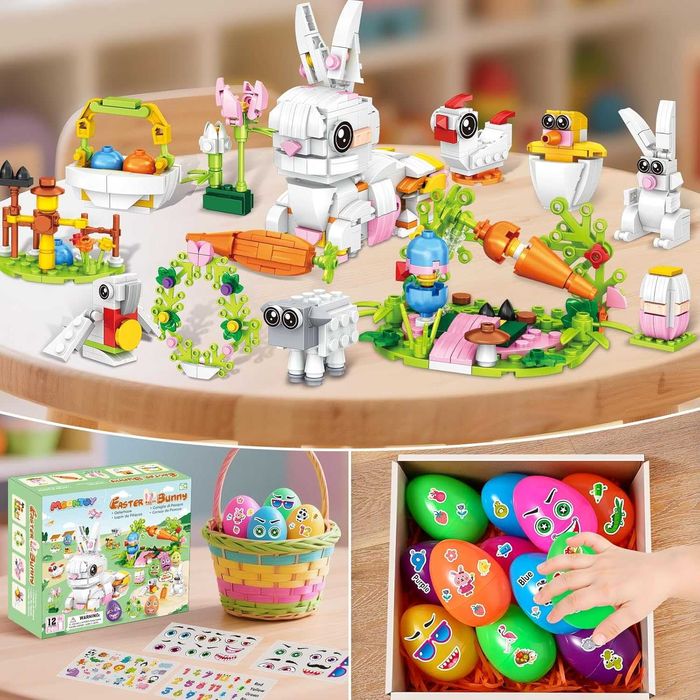 MOONTOY 12 великденски яйца,12 играчки-строителни блокчета и 4 стикера