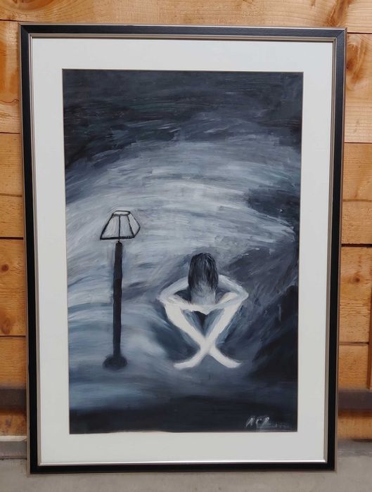Tablou modern expresionist „Meditație” – Înramat, sticlă, 50x71 cm