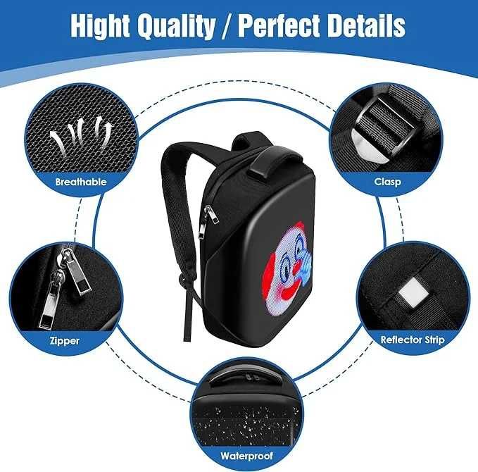 Раница Smart Pixel LED пълноцветен екран Водоустойчив за мотор