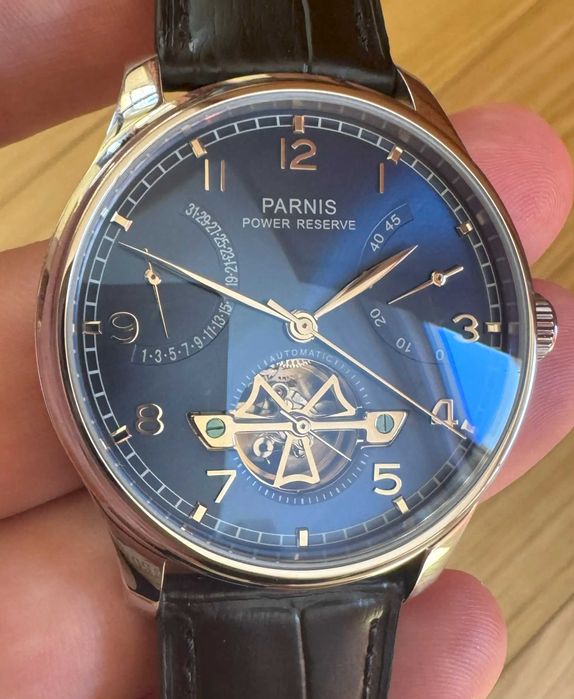 Parnis Portuguese 43 mm Automatic Power Reserve Flywheel Alb
