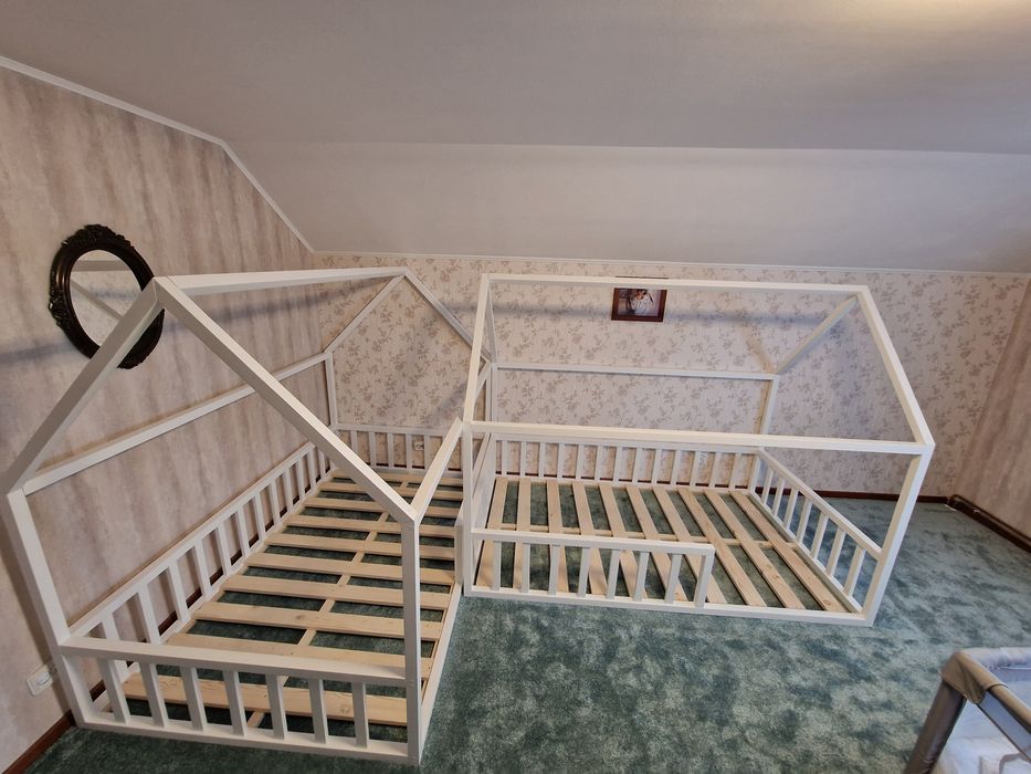 Pat casuta Montessori, pat dublu, pat copii, pat gemeni, mobila copii