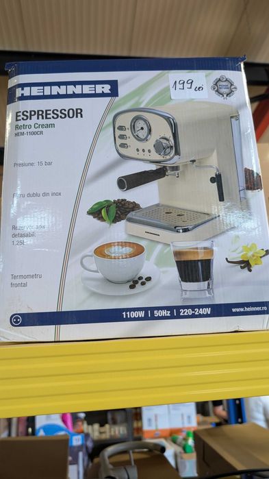 Espressor manual Heinner Retro Cream HEM-1100CR, Resigilat,