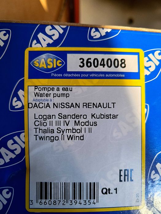 Водна помпа Sasic 36040008 за Renault/Dacia 1,2 16V